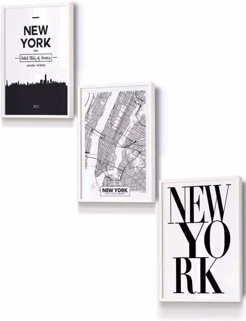 ARTZE NEW YORK Skyline Street Map City Print Framed Wall Art in White, W: 33 cm, H: 45 cm, D: 2 cm