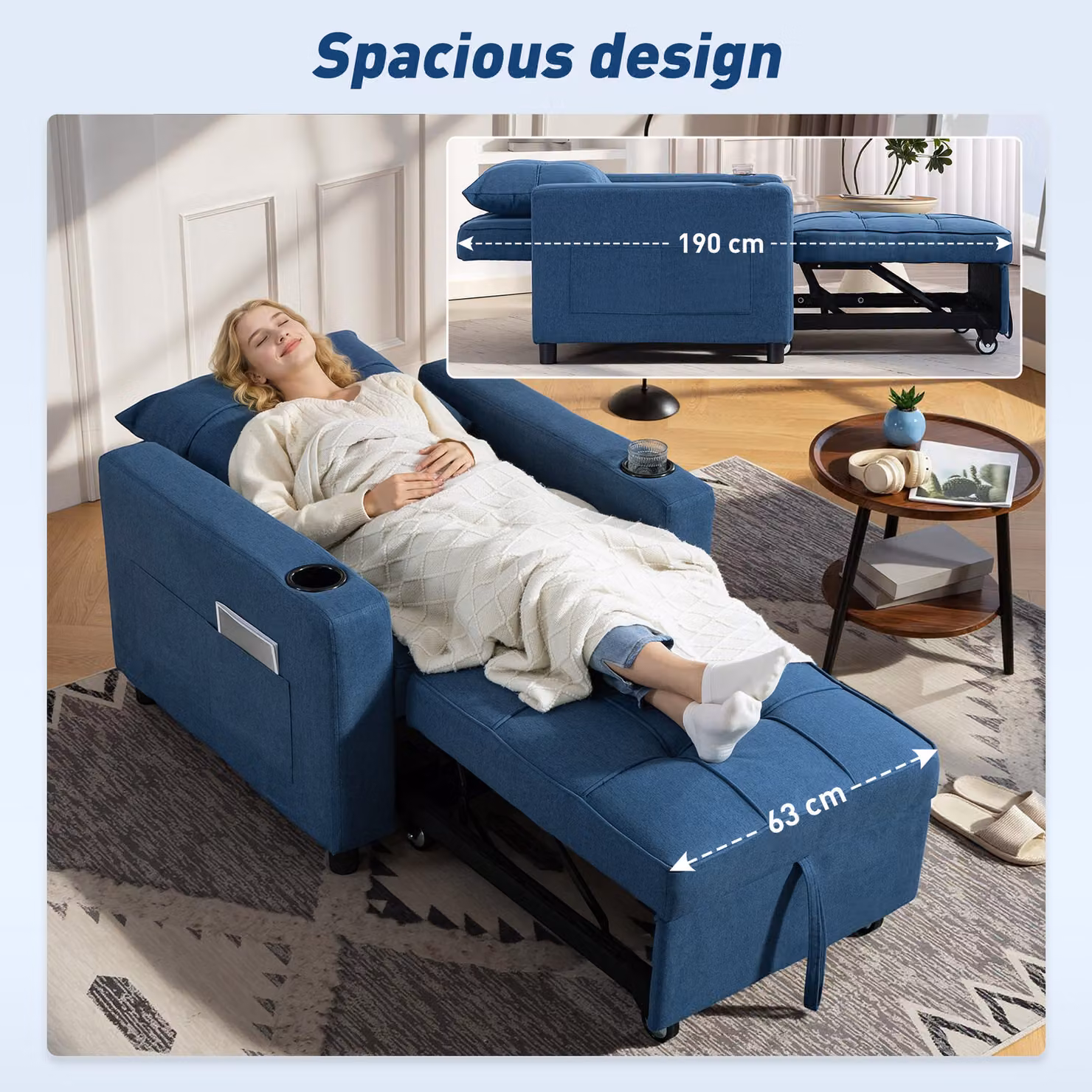 HOMCOM 3-in-1 Convertible Single Sofa Bed with Armrests in Blue – 6