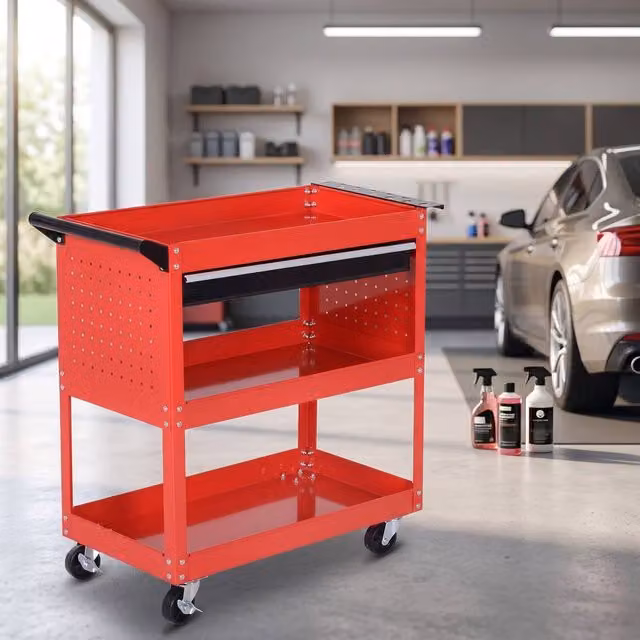 STILVORA Metal Tool Trolley Storage Unit with Wheels in Red