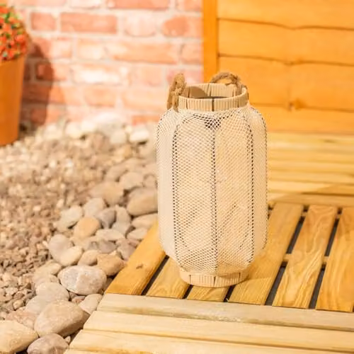 ValueLights Solar Powered Outdoor Lantern Garden Light in Beige and Black with Natural Mesh Fabric and LED Warm White Light – 2