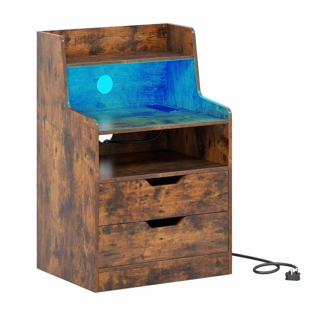 Costway Modern 2-Drawer LED Nightstand with Charging Station in Brown – 2