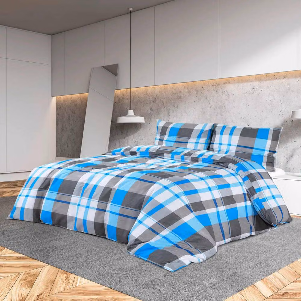 Berkfield Home Checked Cotton Duvet Cover and Pillowcase Set in Blue and Grey, 200 x 200 cm – 2