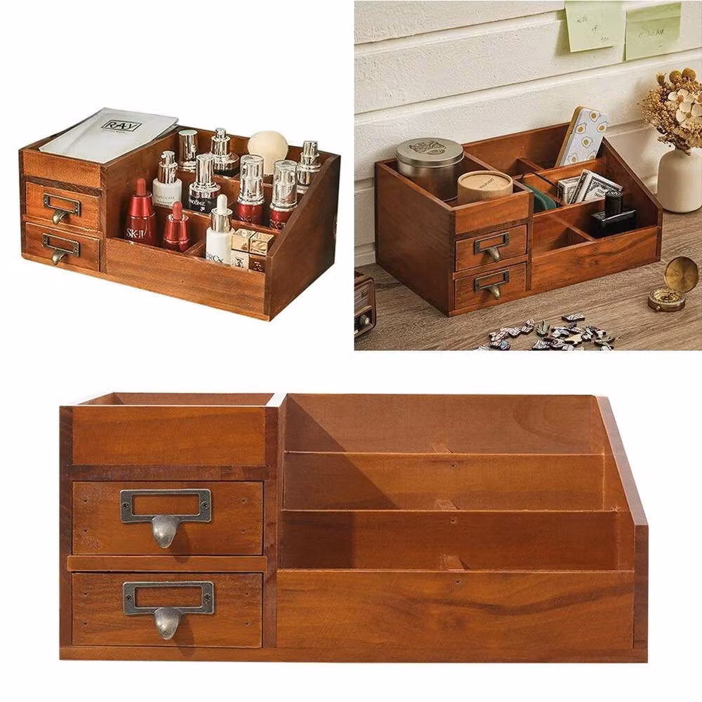 VOGREX Vintage Solid Wood Desktop Makeup Storage Box in Brown – 3