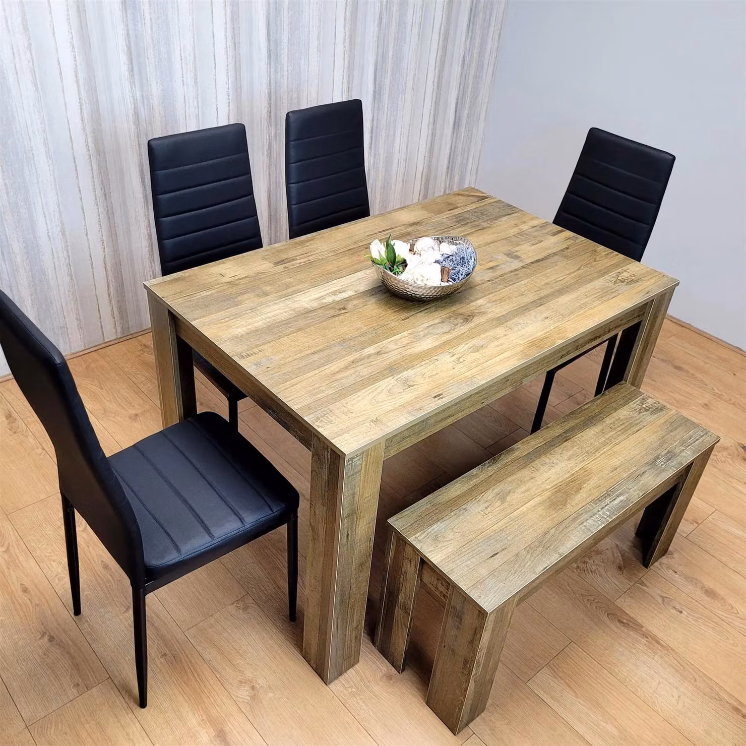 KOSY KOALA Rustic Brown Wooden Dining Table Set with 4 Black Chairs and 1 Bench for 6 Adults – 6