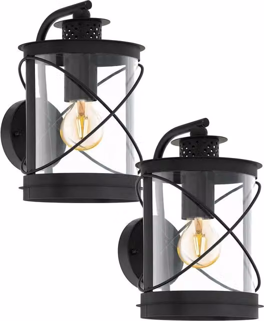 Loops 2 Pack Black Metal Outdoor Wall Lanterns with Transparent Glass and IP44 Rating – 1