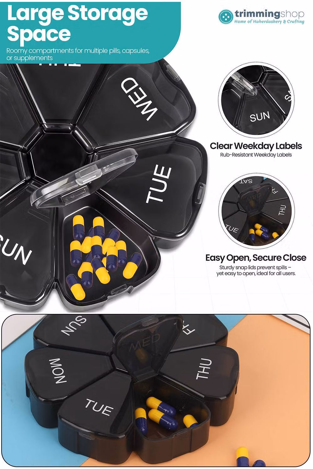 Neel Blue 7 Day Weekly Medicine Organiser and Pill Box in Black – 3