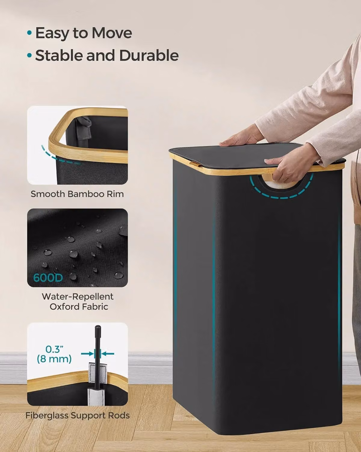 SONGMICS Extra Large 3-Section Collapsible Laundry Hamper with Bamboo Handles, Black, W/D/H: 120 x 70.5 x 60 cm – 6
