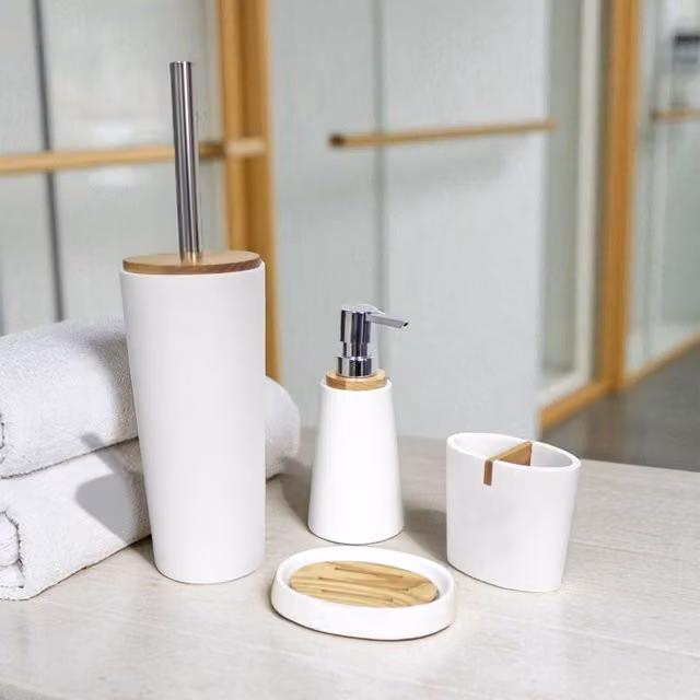 Showerdrape Sonata 4 Piece White and Bamboo Bathroom Accessory Set