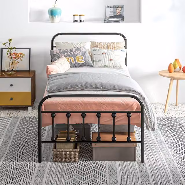 HOMCOM Black Metal Single Platform Bed Frame with Storage, W/D/H: 90 x 190 cm