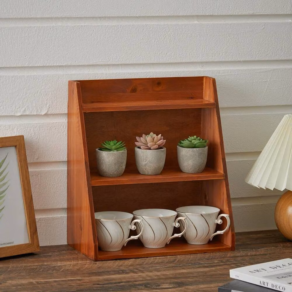 VOGREX 3 Tier Brown Lacquered Wood Wall Mounted Ladder Shelf and Display Cabinet – 3
