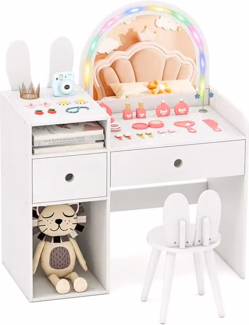 COSTWAY Hollywood LED Childrens Vanity Table and Chair Set in White