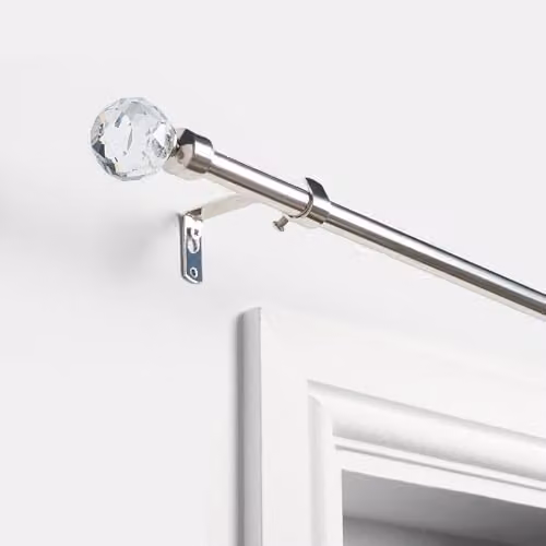 OHS Silver Crystal Ball Extendable Metal Curtain Pole with Brackets and Finials, 120-220 cm – 1