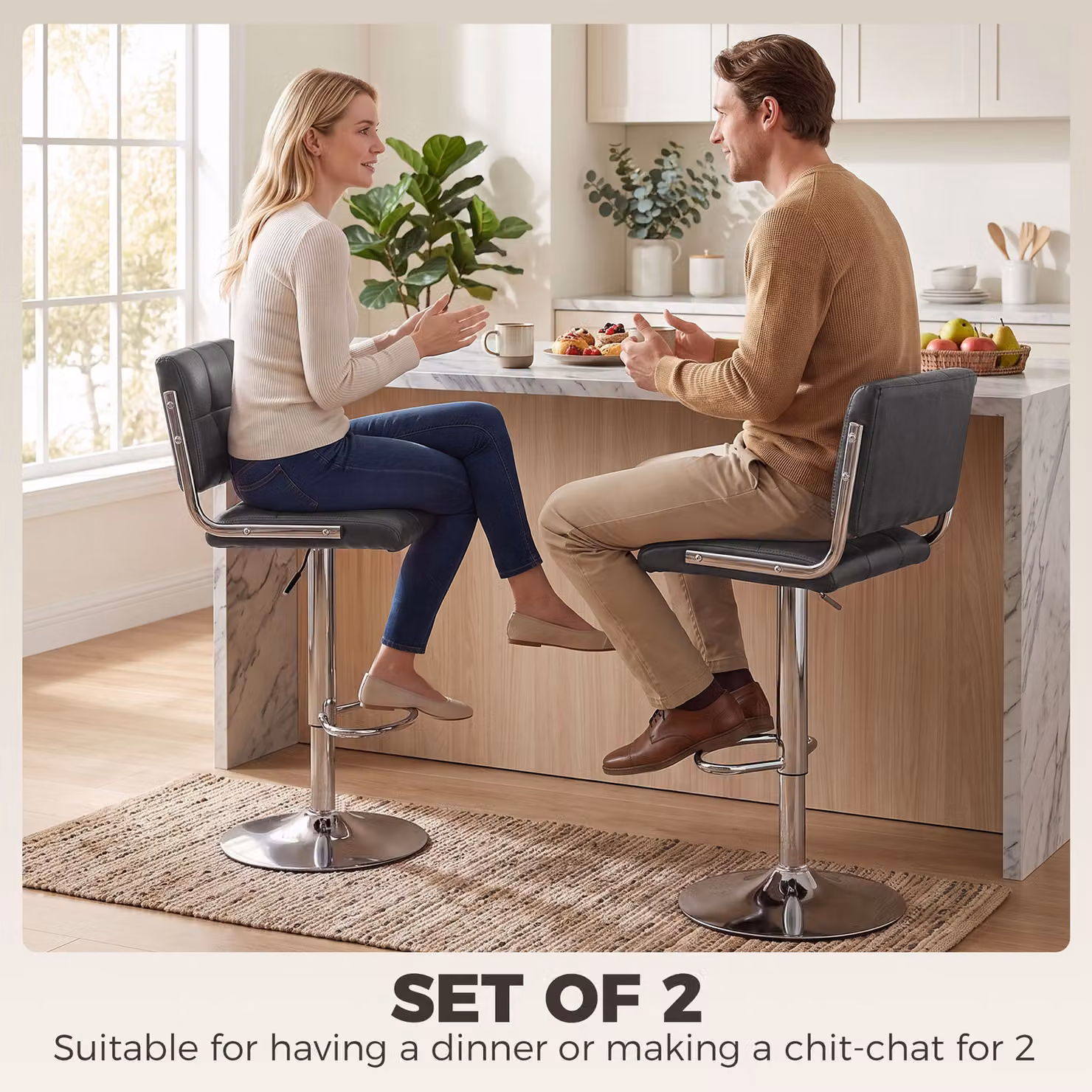 HOMCOM Set of 2 Modern Adjustable Grey PU Leather Bar Stools with Backrest and 360 Degree Swivel – 3