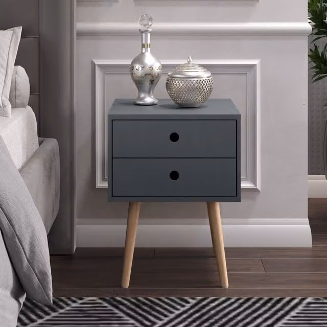 Core Products Set of 2 Scandia Blue 2 Drawer Bedside Cabinets with Lacquered Wood Finish and Tapered Legs