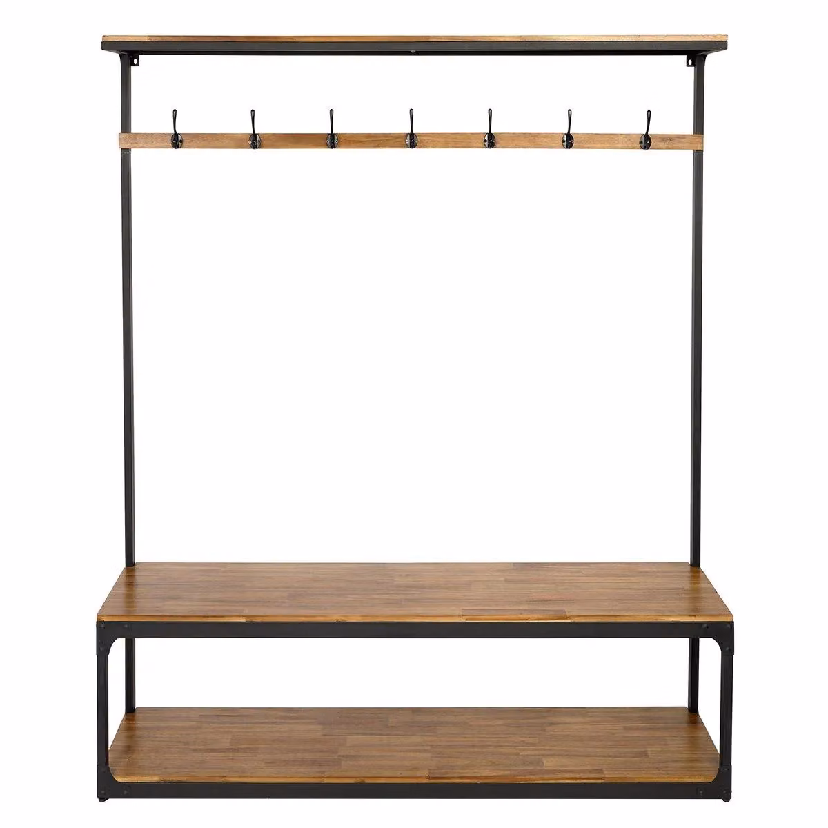 Charles Bentley Charnwood Extra Large Coat Rack with Shoe Tidy in Brown and Black Acacia Wood and Iron Frame – 3