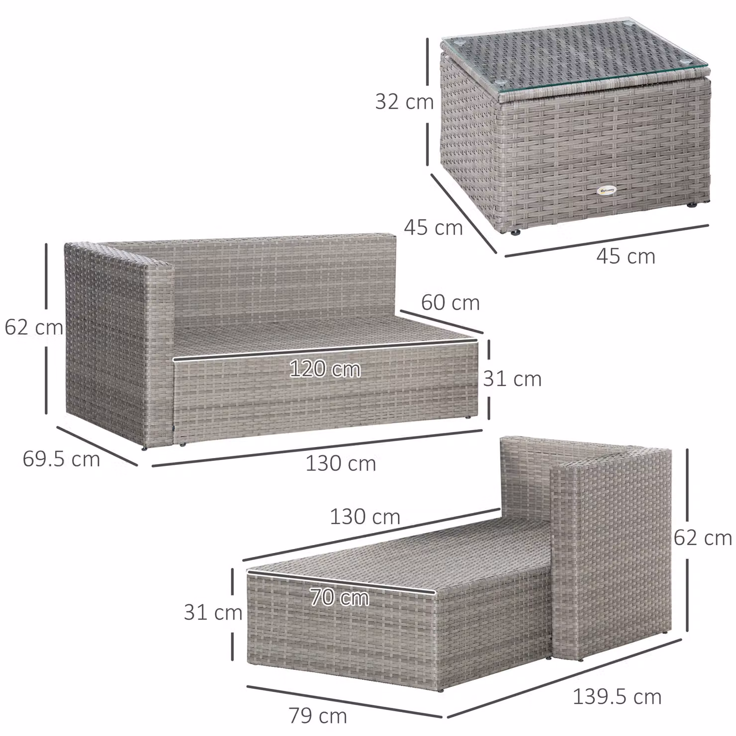 Outsunny 3 Piece L-Shape Rattan Corner Sofa Set with Coffee Table and Cushions in Grey – 4