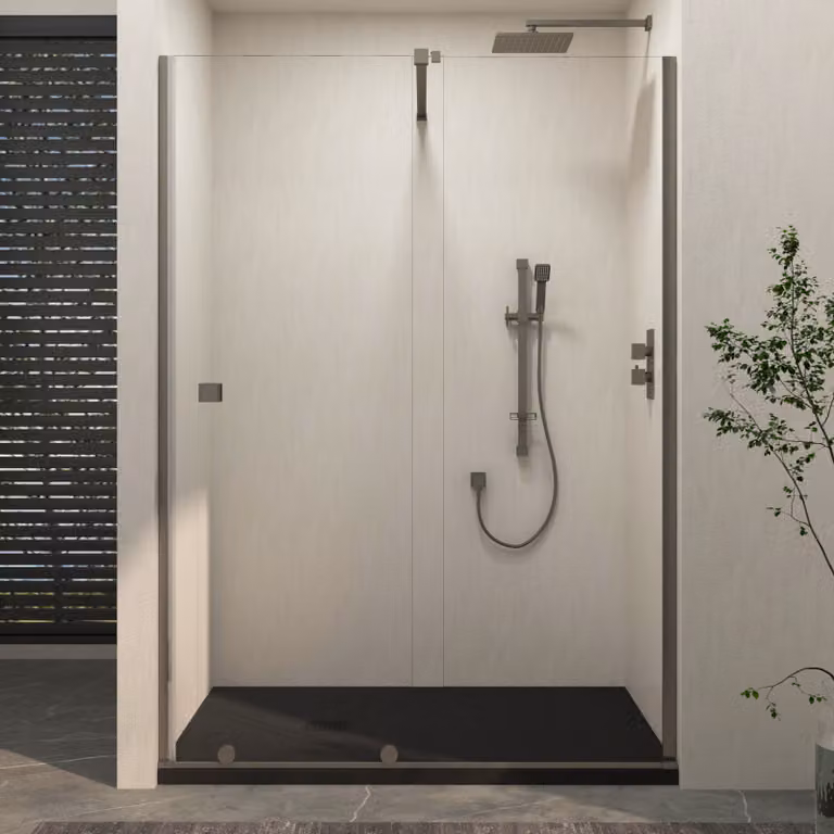 Royal Bathrooms Luton Recessed Sliding Shower Screen with Black Slate Effect Mineral Cast Stone Shower Tray, Gun Metal Grey, W: 120 cm, D: 80 cm, H: 195 cm
