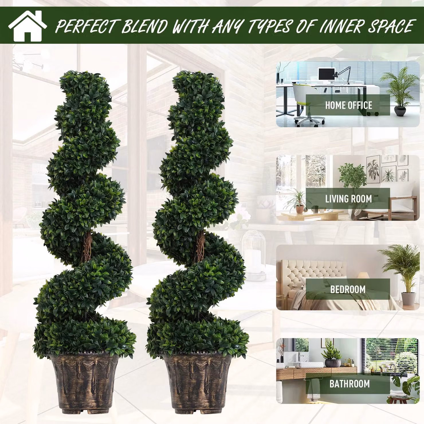 OUTSUNNY 2 Pack Artificial Boxwood Spiral Trees in Green with Concrete Nursery Pots – 4