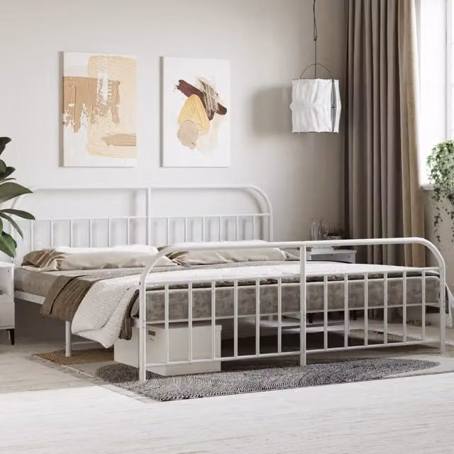 Berkfield Home Metal Bed Frame with Headboard and Footboard in White, W/D/H: 193 x 203 cm