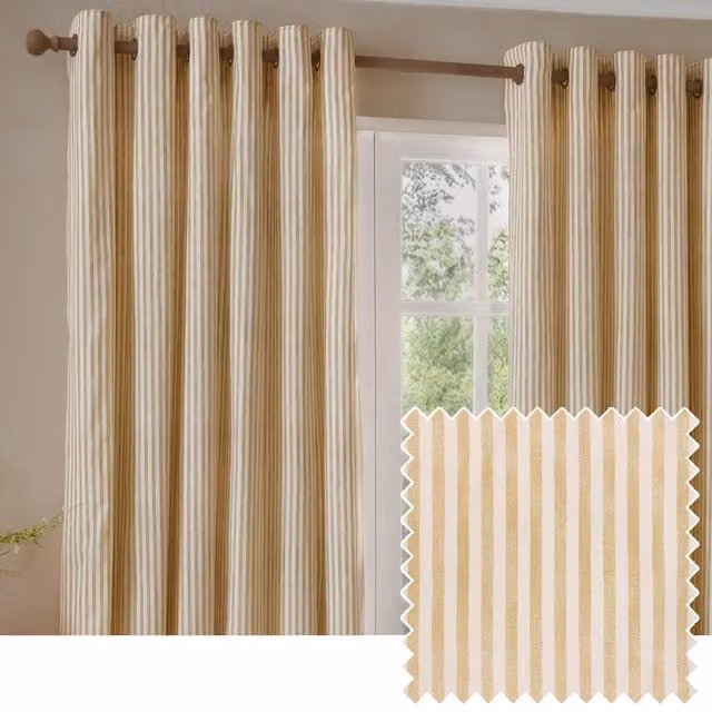 Make It A Home Hebden Striped Cotton Eyelet Curtain Pair in Yellow and Beige, W: 137 cm, H: 229 cm