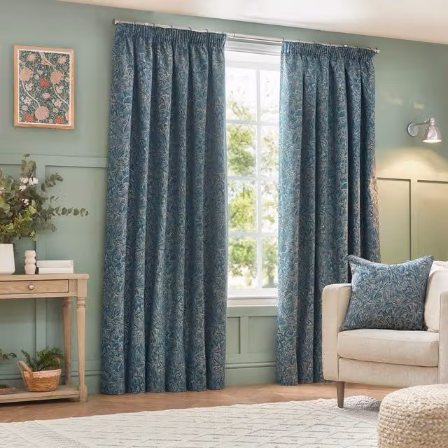 Grantley Jacquard Floral Pencil Pleat Curtains in Blue, Height: 228 cm