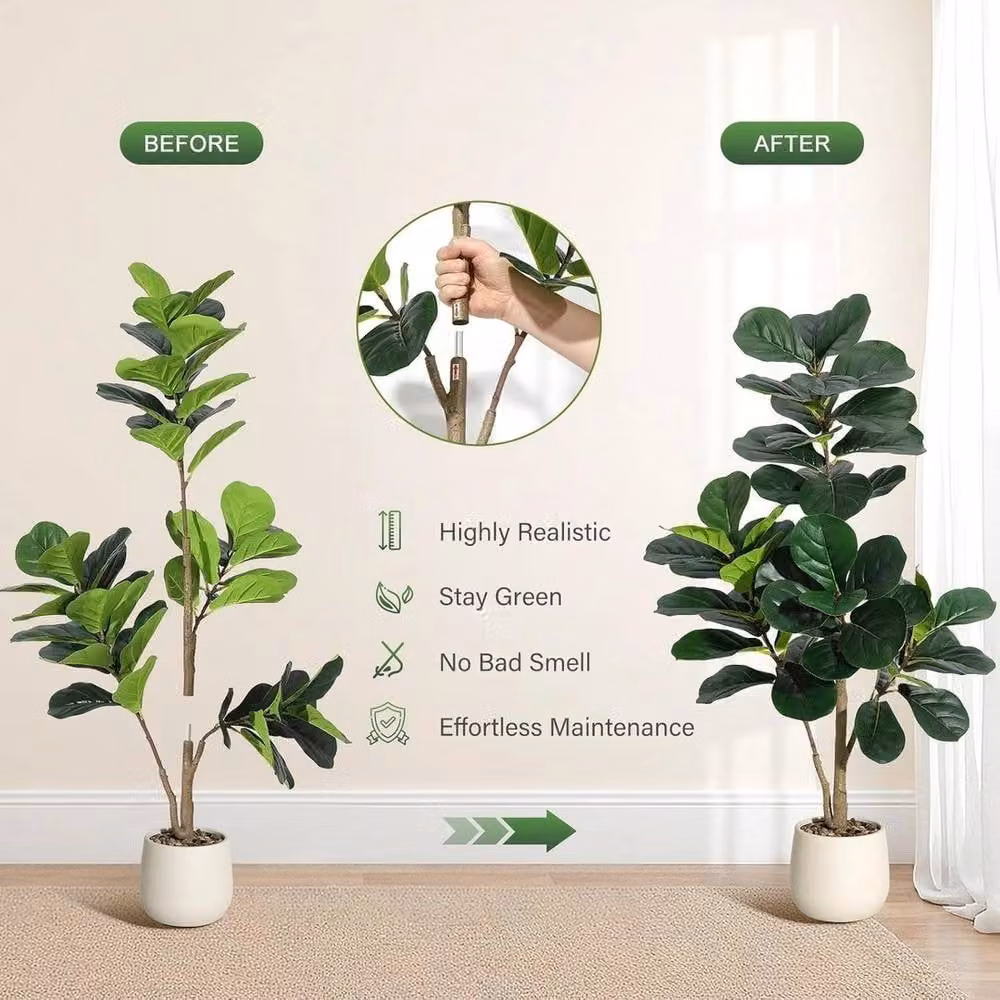 VOGREX 4ft Fiddle Leaf Fig Artificial Ficus Lyrata Tree in Green, Grey and Brown – 5