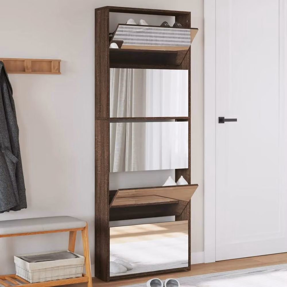 Berkfield Home Modern Wall Mounted Shoe Cabinet with Mirror in Brown Oak, W/D/H: 63 x 17 x 169.5 cm – 2