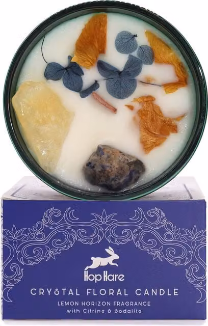Ancient Wisdom Hop Hare Magic Candle with Flowers and Gems The Sun in Blue and Yellow-orange W/D/H: 9 x 9 x 5 cm – 3