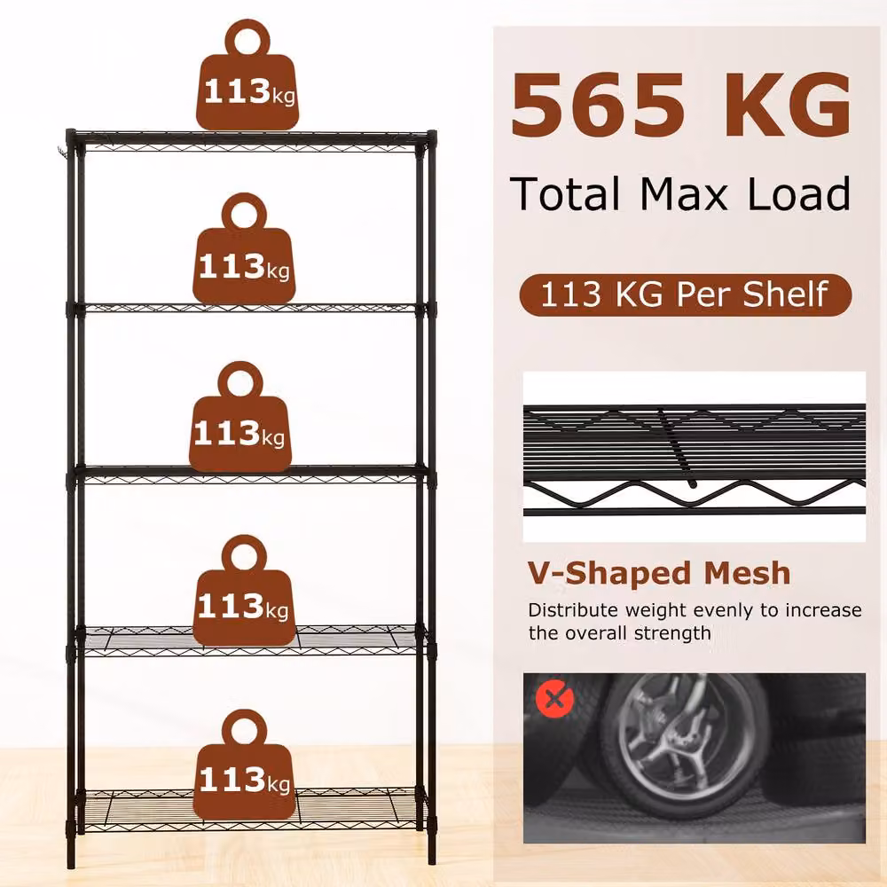 Gymax 5-Tier Adjustable Metal Wire Shelving Unit in Matt Black – 3