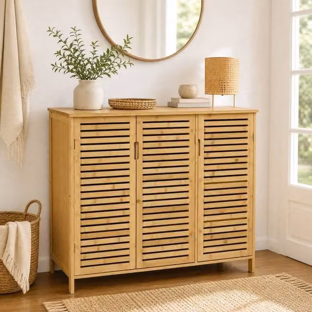 STILVORA Scandinavian Style Shoe Cabinet with 4-Tier Storage and Louvre Doors in Sand/Beige