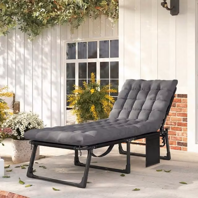 Outsunny Folding Sun Lounger Oversized Camping Bed in Dark Grey with Textilene Fabric and Weatherproof Cushion