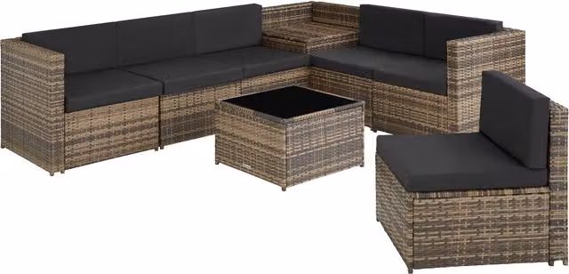 tectake Verona 6-Seater Garden Corner Set with Table in Nature Rattan and Glass