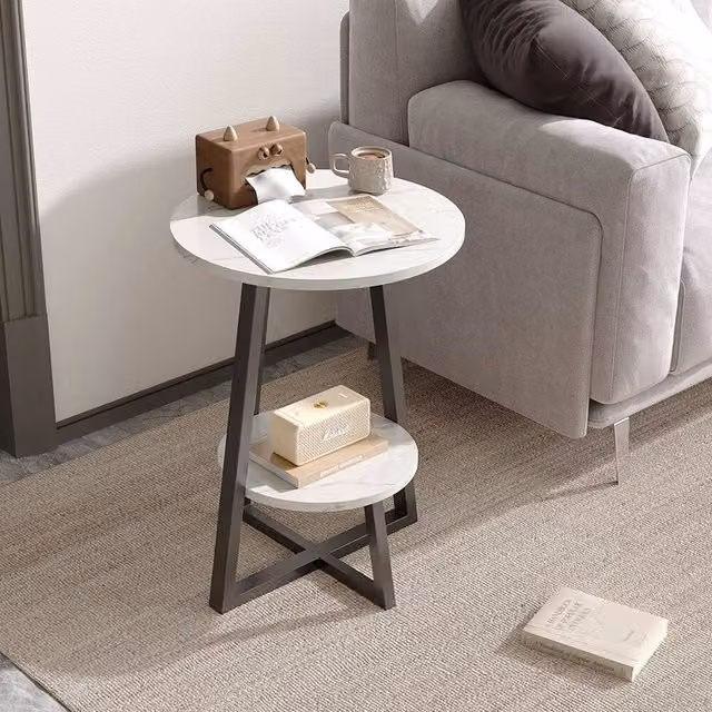 EONLION 2 Tier White Sofa Side End Table, W/D/H: 40 x 40 x 55 cm
