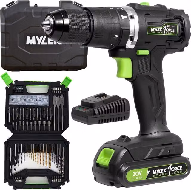 Mylek 20V Brushless Cordless Drill, Impact Hammer and Combi Driver Set in Black with 128 Pieces