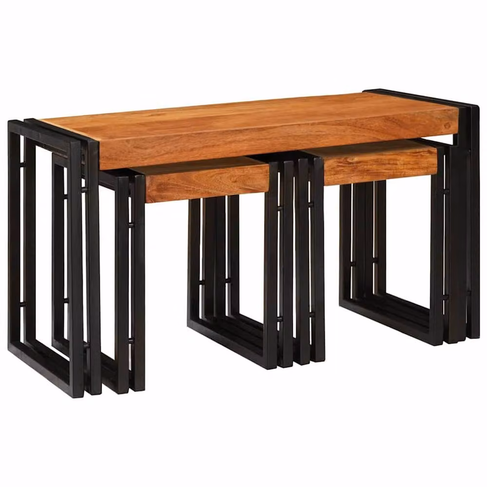 Berkfield Home Modern Set of 3 Nested End Tables in Brown and Black Solid Acacia Wood – 2