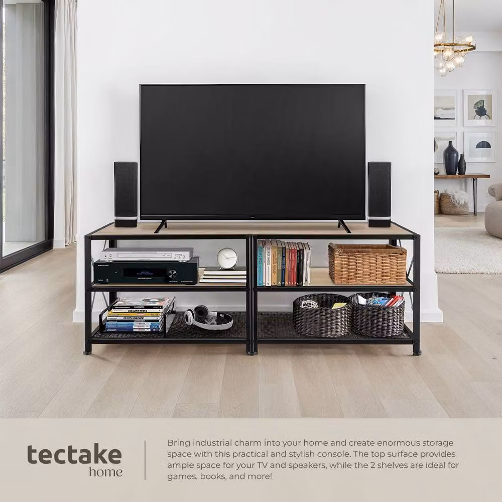 tectake Industrial TV Stand Lowboard Cabinet with 3 Shelves in Light Brown and Black, Width: 141 cm – 4