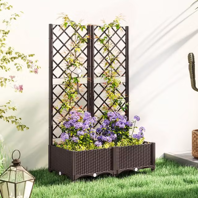 Outsunny Brown Plastic Raised Bed with Trellis, Drainage Holes and Drain Plugs