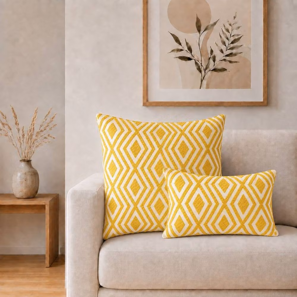 Serenityy Mustard Yellow Diamond Pattern Cotton Lumbar Cushion Cover W/H: 50 x 30 cm – 2