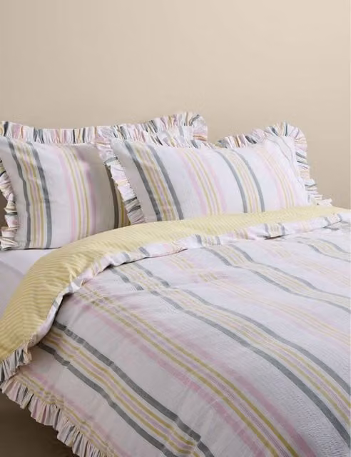 M&S Pure Cotton Striped Bedding Set, Green Mix, 140 x 200 cm