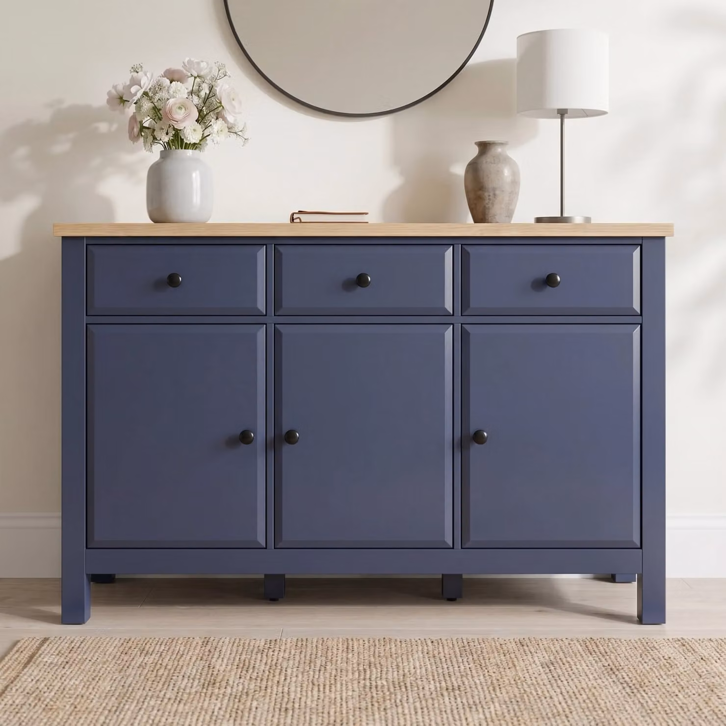DHS Blue and Black 3 Door Sideboard with 3 Drawers and Oak Top W/D/H: 135 x 43 x 81 cm