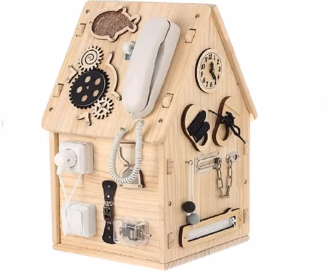 DYZI Montessori Busy House Wooden Dollhouse for Motor Skill and Cognitive Development, Beige
