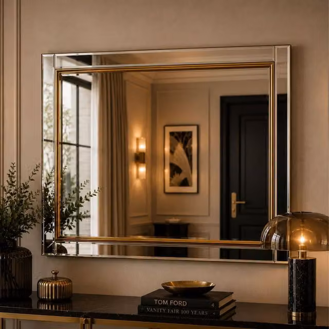Yearn Gold Brass Framed Rectangular Bevelled Wall Mirror, H 136 cm x W 44.5 cm