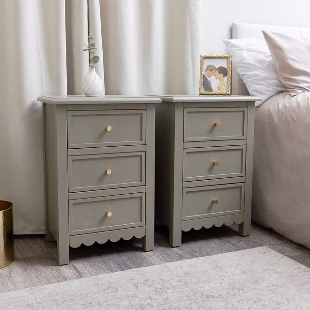 Melody Maison Staunton Taupe Pair of Scalloped 3 Drawer Bedside Tables in Beige, Gold and Grey