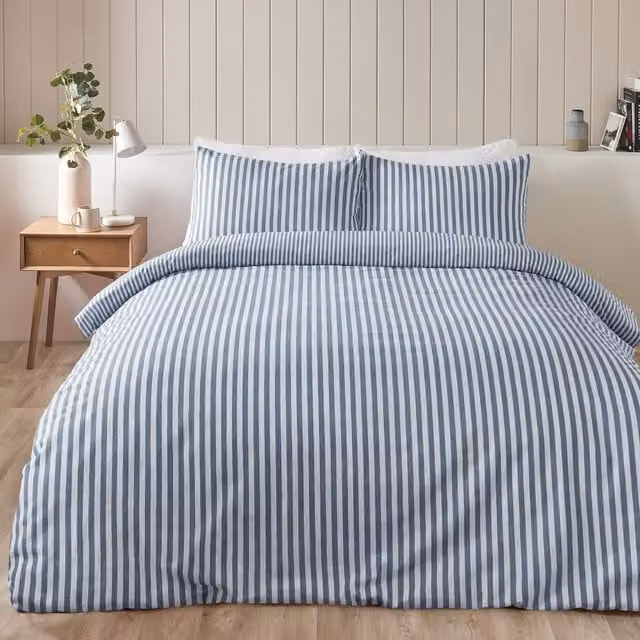 Catherine Lansfield Reversible Blue Striped Cotton Flannelette Duvet Cover and Pillowcase Set, W/D/H: 135 x 200 cm and 50 x 75 cm – 1