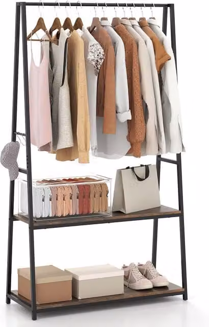 Costway Industrial Freestanding Metal Clothes Rail with 2 Shelves in Brown – 1