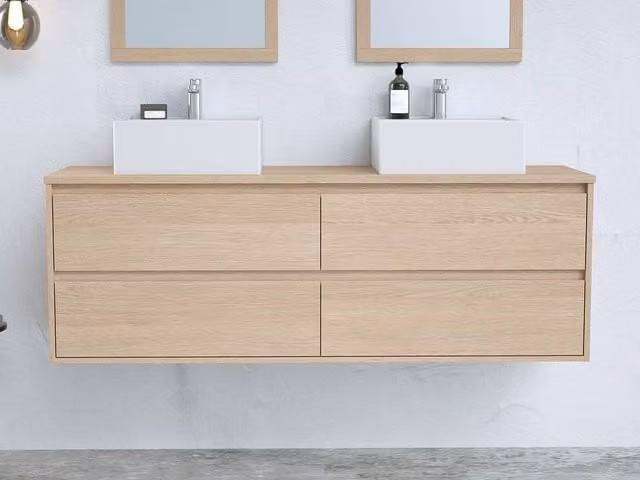 Vente-unique MILIPAM Suspended Oak Veneer Vanity Unit in Light Oak, W: 150 cm, D: 50 cm, H: 45 cm