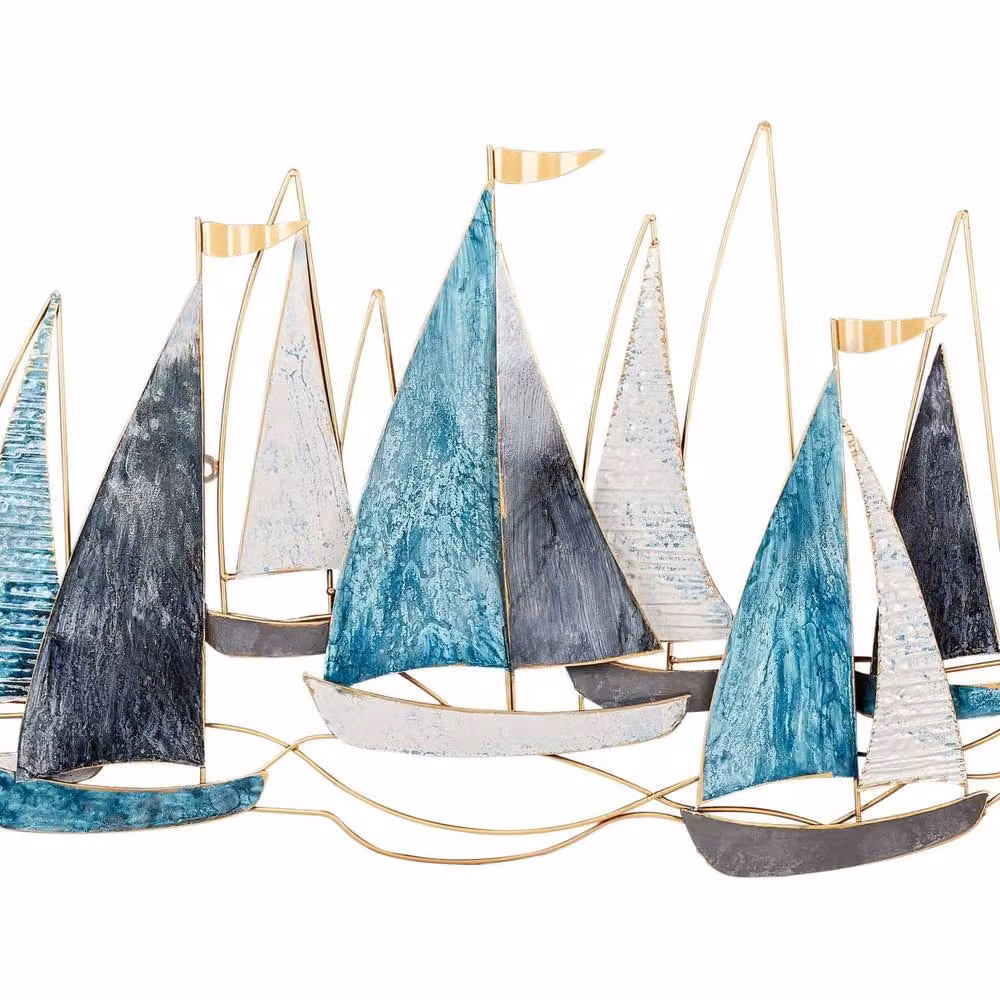 Wyld and Coco Blue and Gold Handmade Metal Nautical Wall Art with Abstract Boat Design – 2