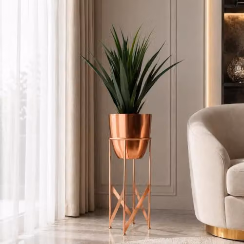 Botanik Artificial Potted Green Office Plant in a Copper Rustic Metal Tabletop Pot – 2