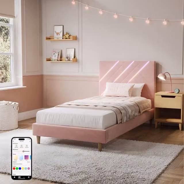 XR Living Lily Upholstered Velvet Single Bed Frame with App Controlled LED Under-Bed Lighting in Pink (90 x 200 cm)