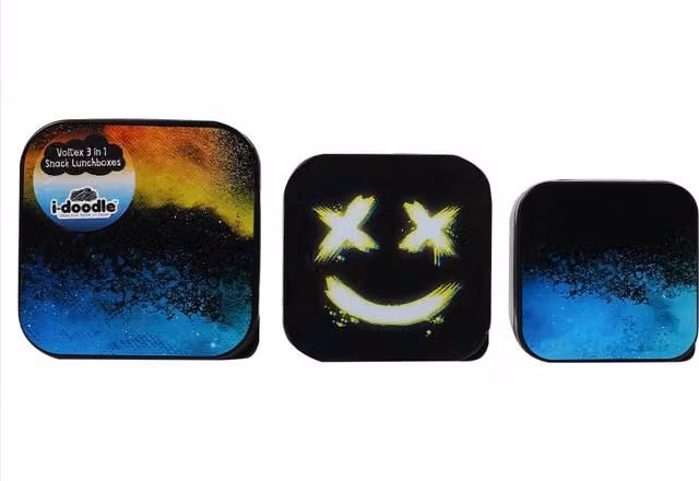 i-doodle Voltex 3-in-1 Stackable and Nestable Snack Lunchboxes, Black and Multicolour